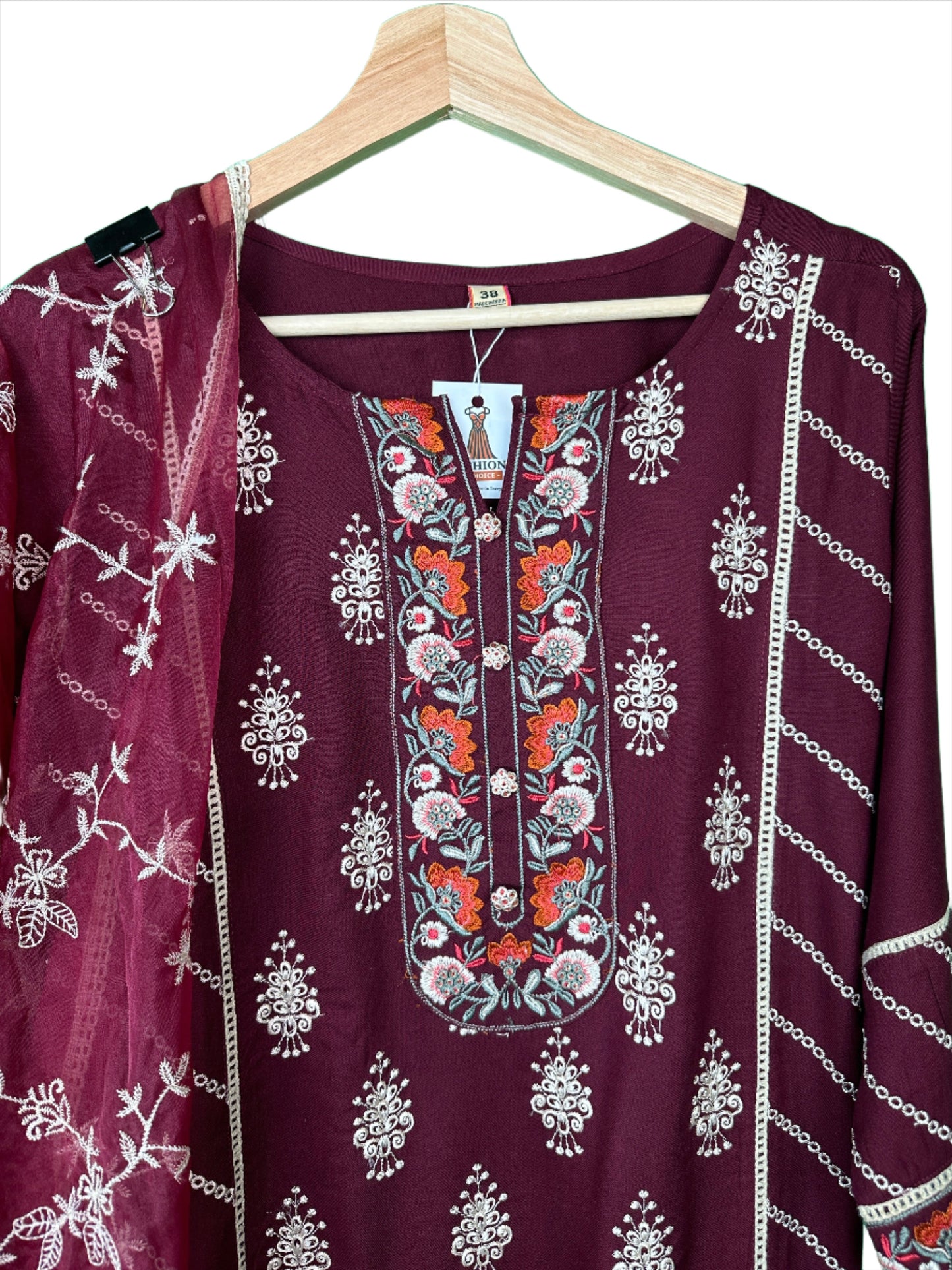 Embroidered Rayon Suit with Organza Dupatta