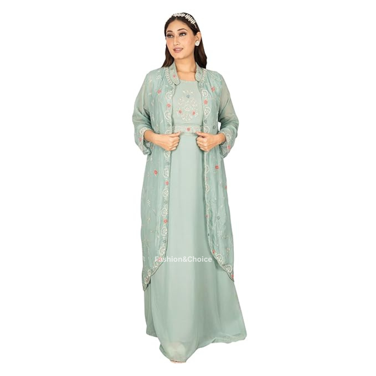 Grace in Layers – Stylish Gown Set with Hand Embroidered Shrug and Belt