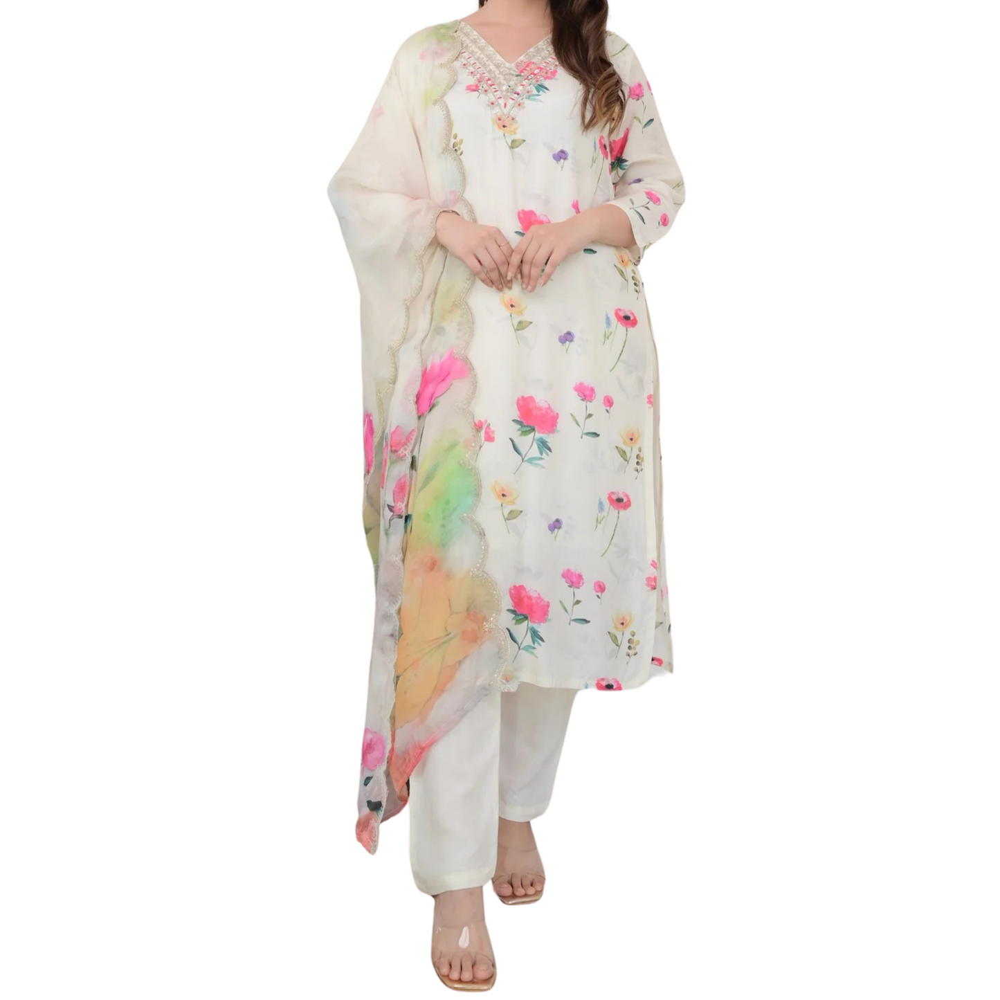 Ivory Bloom – Floral Muslin Suit with Mirror Work and Digital Print Dupatta