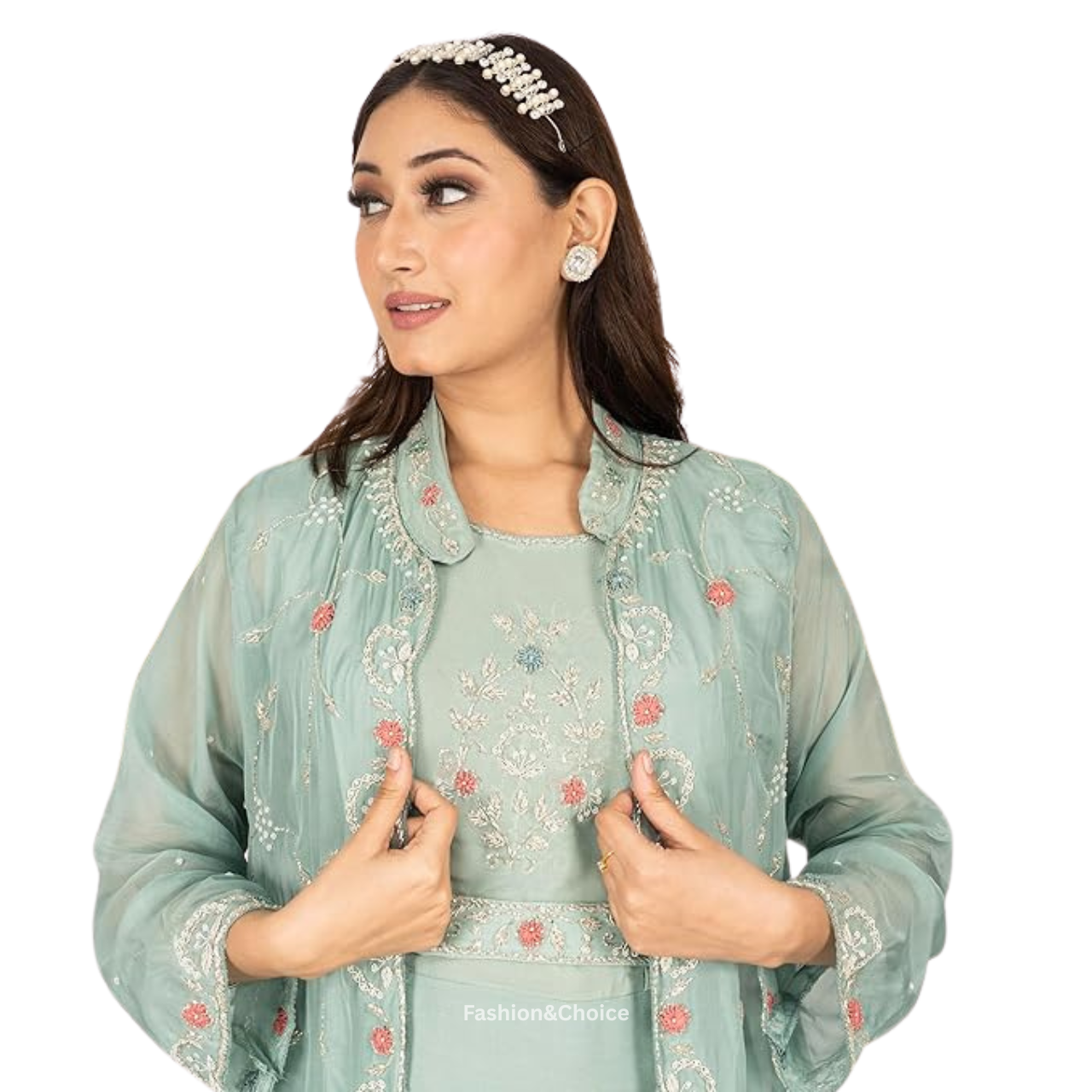 Grace in Layers – Stylish Gown Set with Hand Embroidered Shrug and Belt