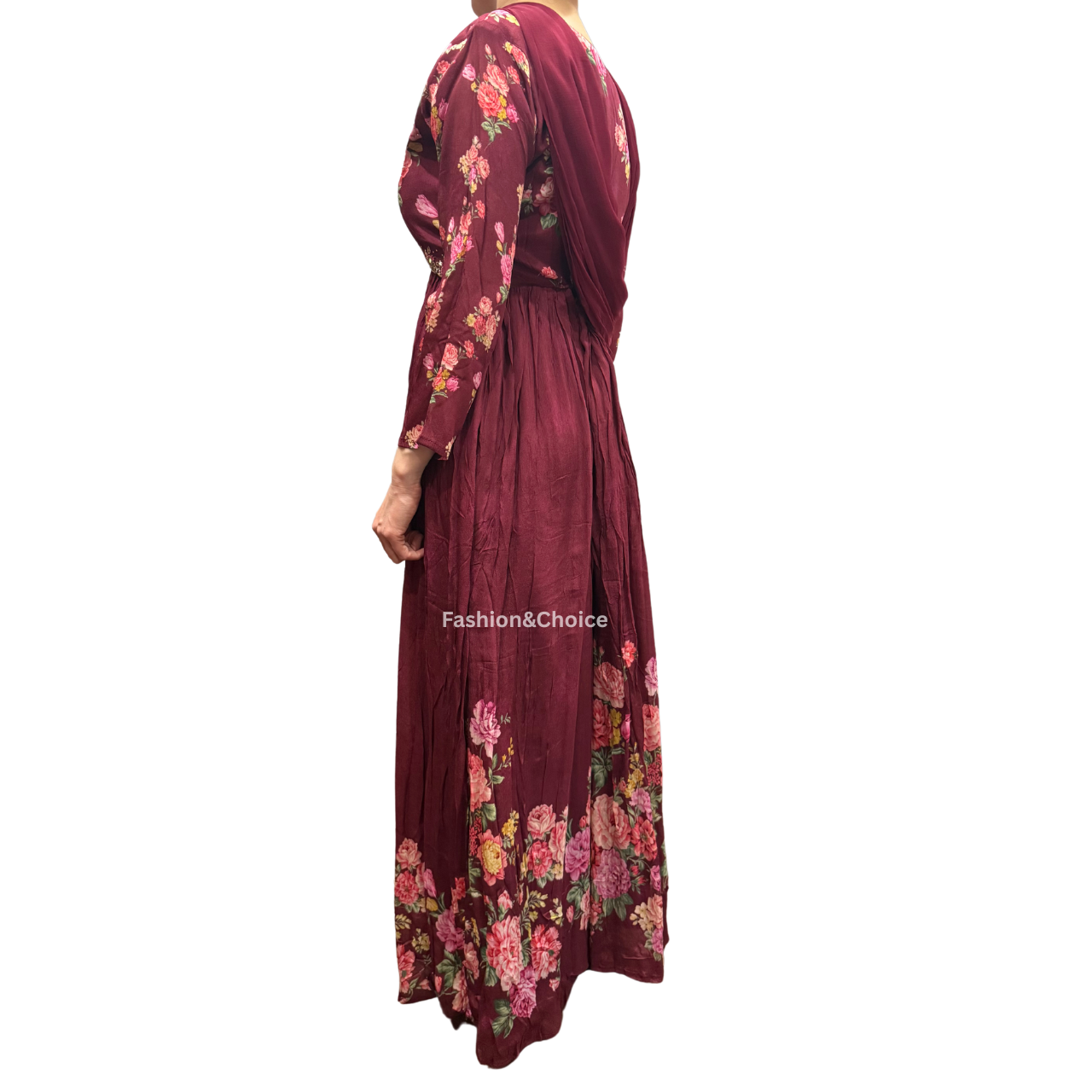 Floral Royale – Maroon Chinon Gown with Hand Work and Dupatta