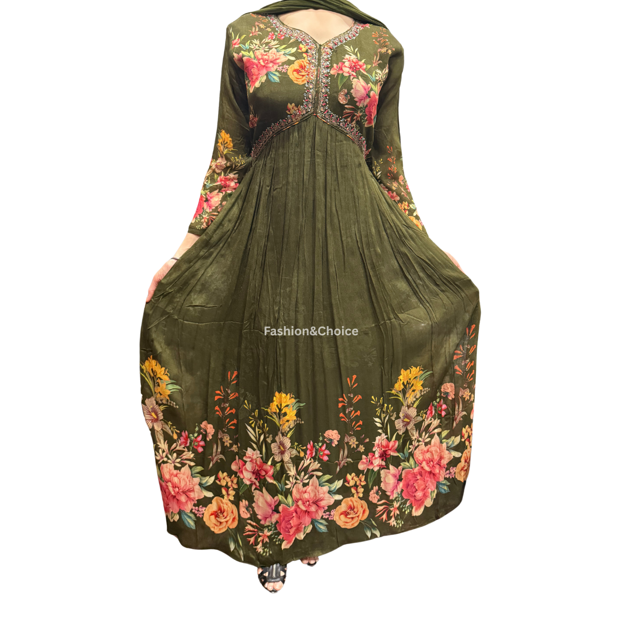 Floral Royale – Olive Chinon Gown with Hand Work and Dupatta