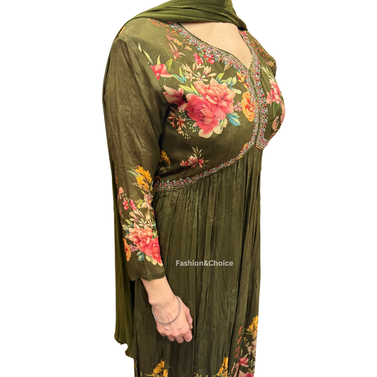 Floral Royale – Olive Chinon Gown with Hand Work and Dupatta