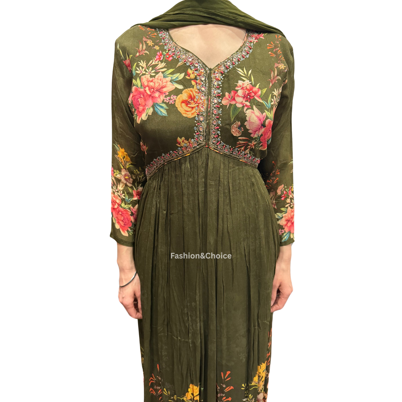 Floral Royale – Olive Chinon Gown with Hand Work and Dupatta