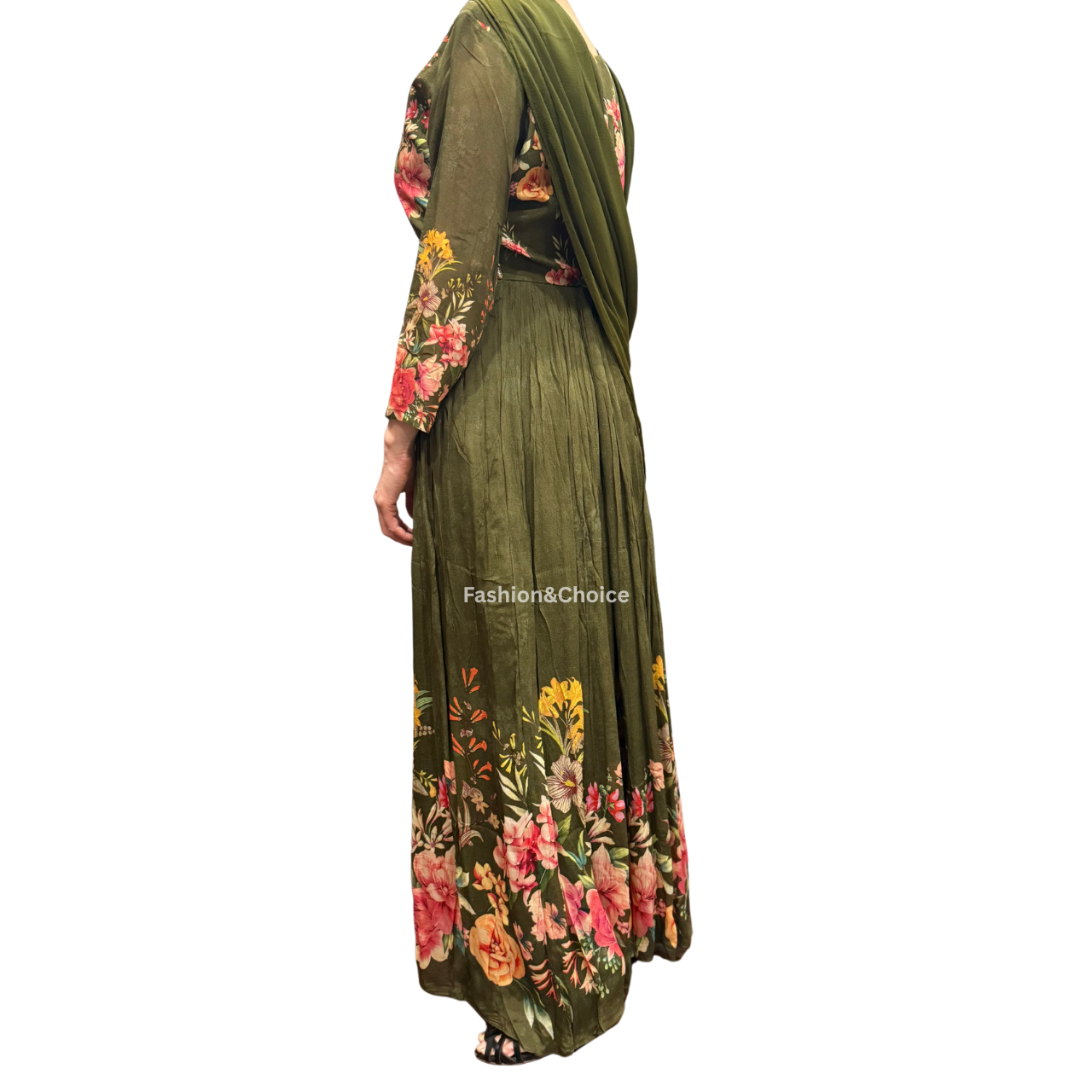 Floral Royale – Olive Chinon Gown with Hand Work and Dupatta