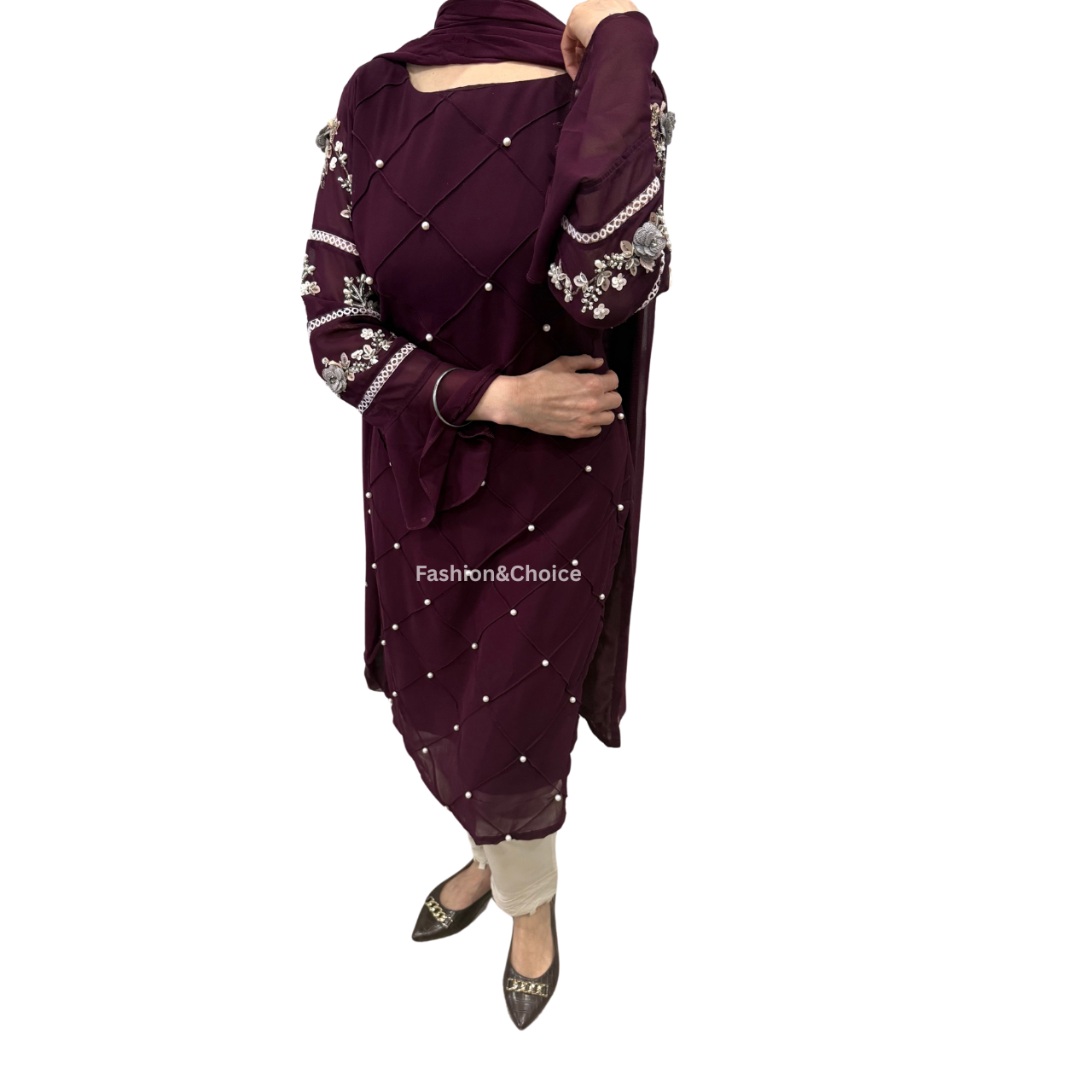 Wine Radiance – Georgette Suit with Hand Work and Designer Pants