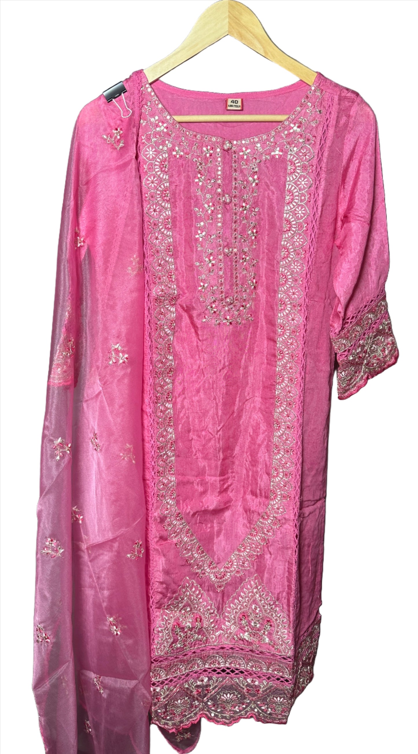Pink Pakistani Style Silk Suit with Woven Organza Dupatta