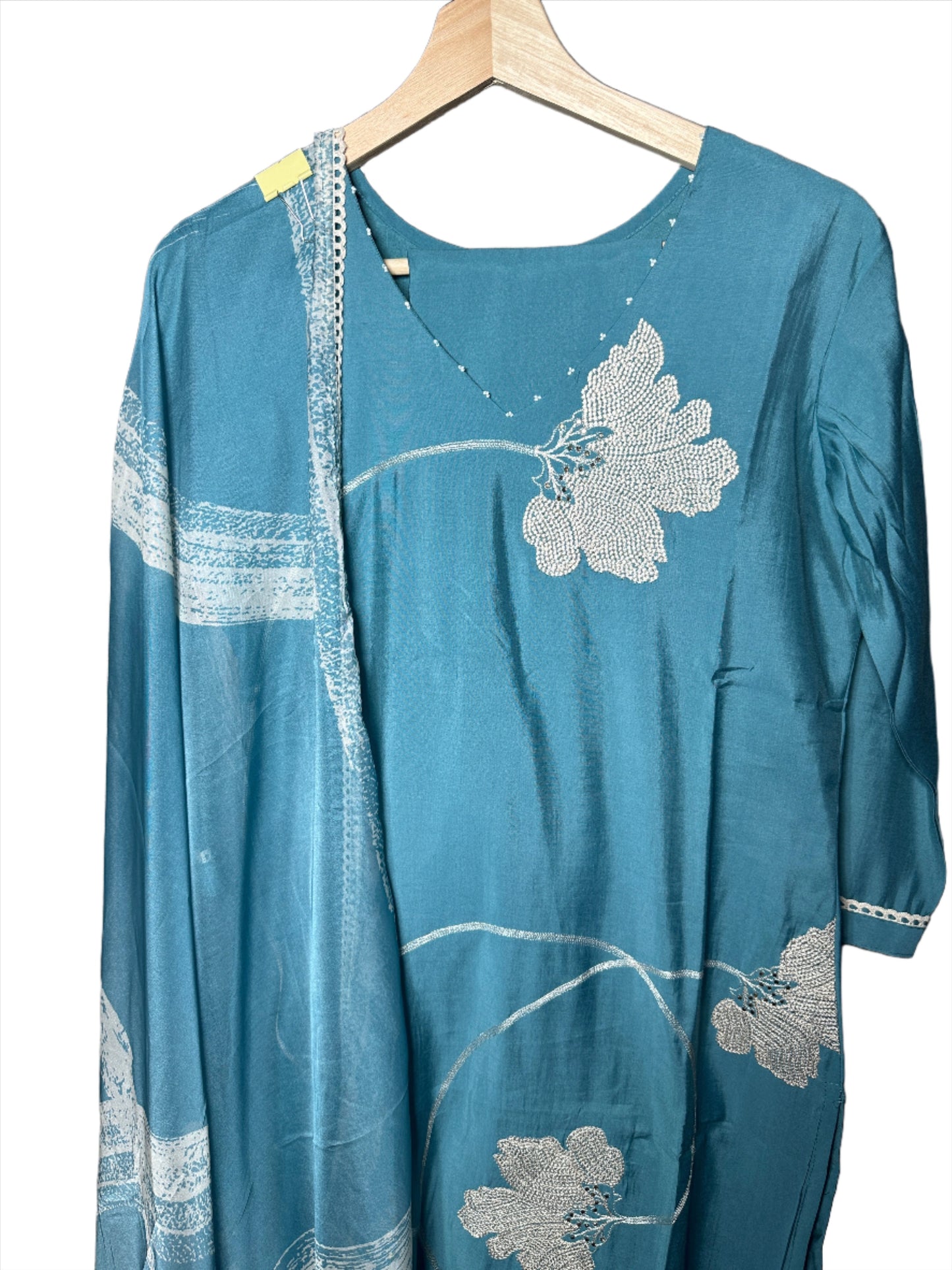 Dola Silk Suit with Embroidered Floral Patta and Organza Dupatta