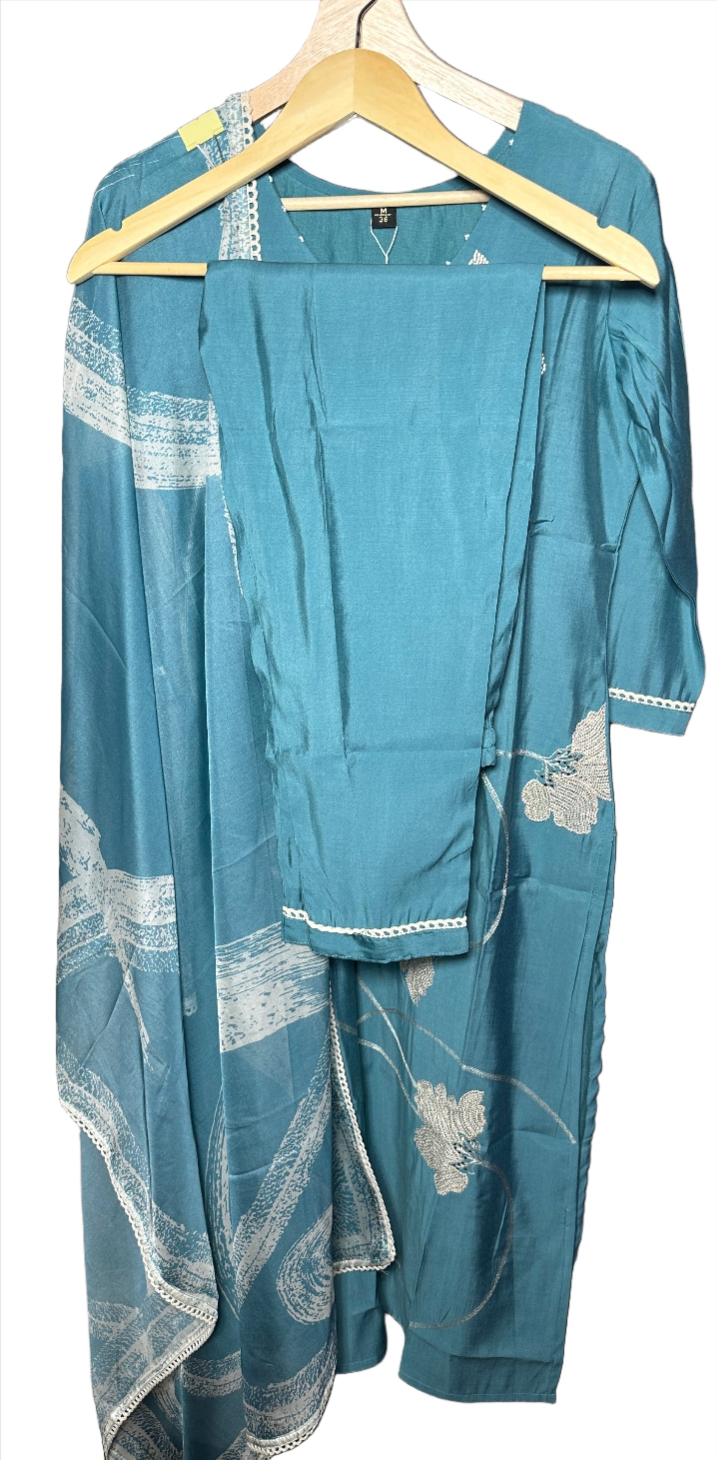 Dola Silk Suit with Embroidered Floral Patta and Organza Dupatta