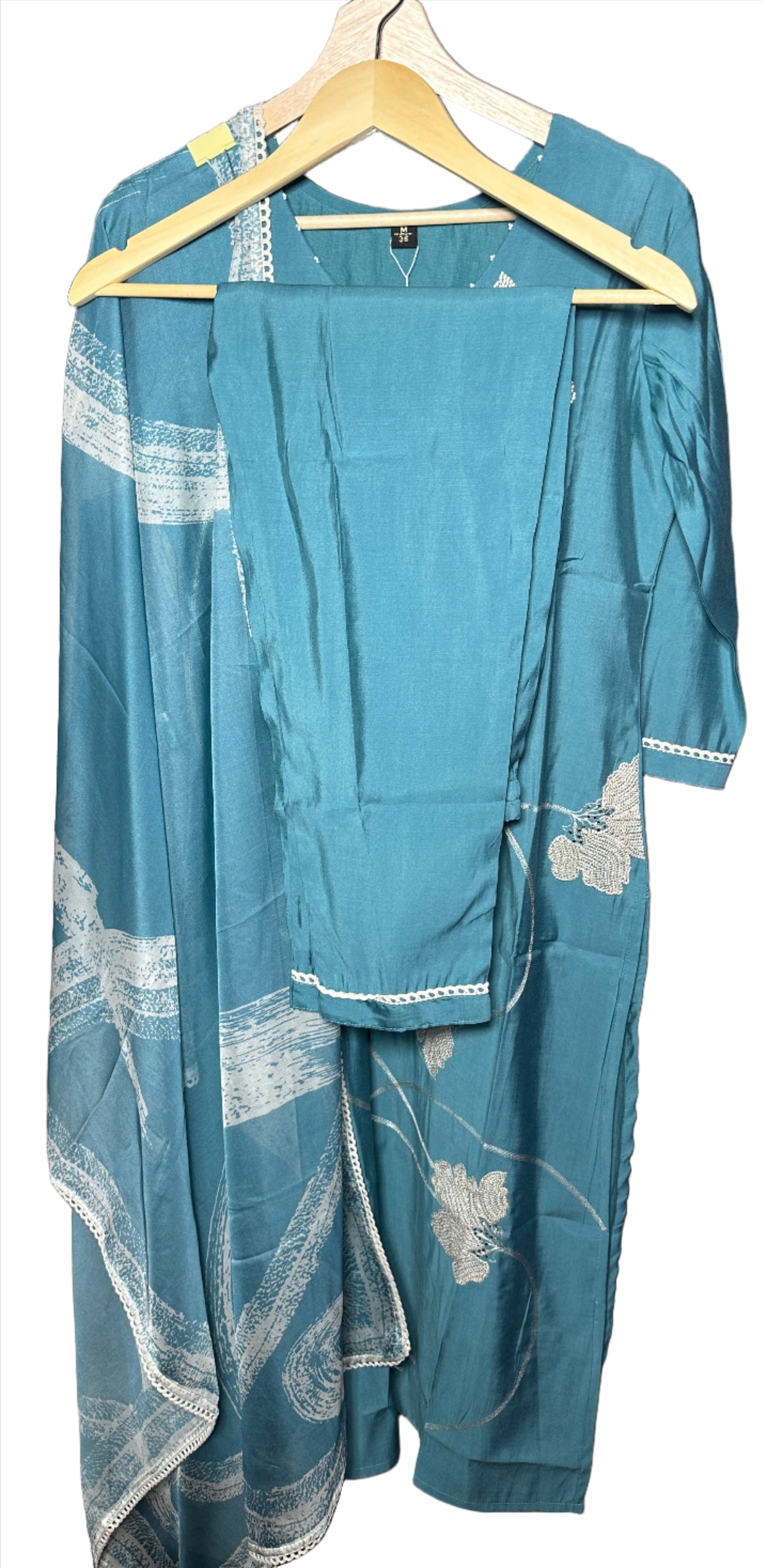 Dola Silk Suit with Embroidered Floral Patta and Organza Dupatta