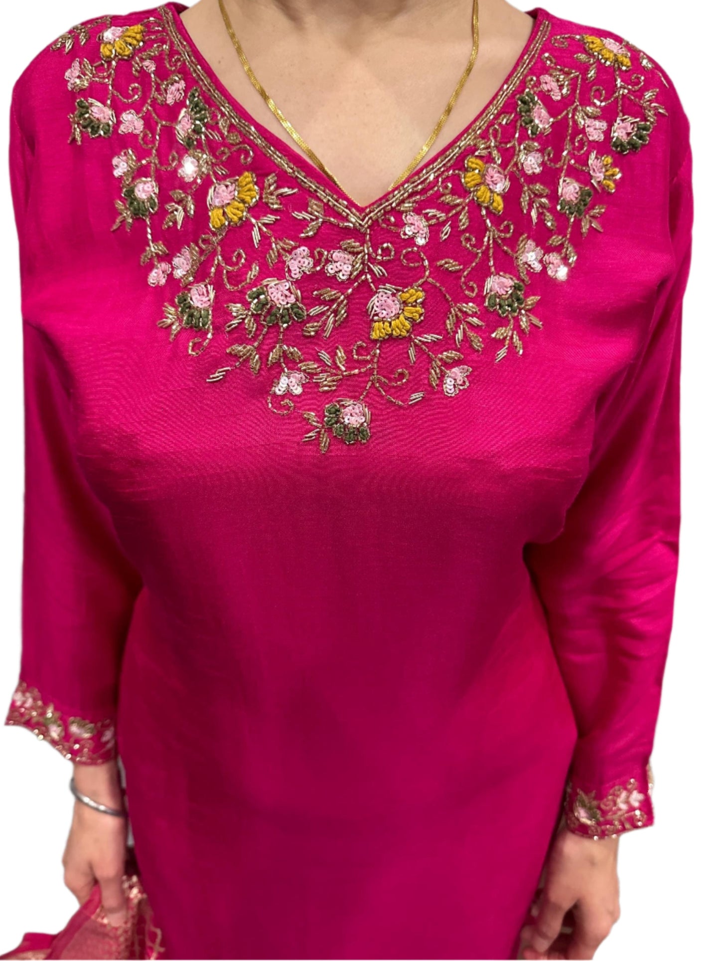 Hot Pink Dola Silk Suit with Hand Embroidery Jacquard Dupatta Elegant Party Wear
