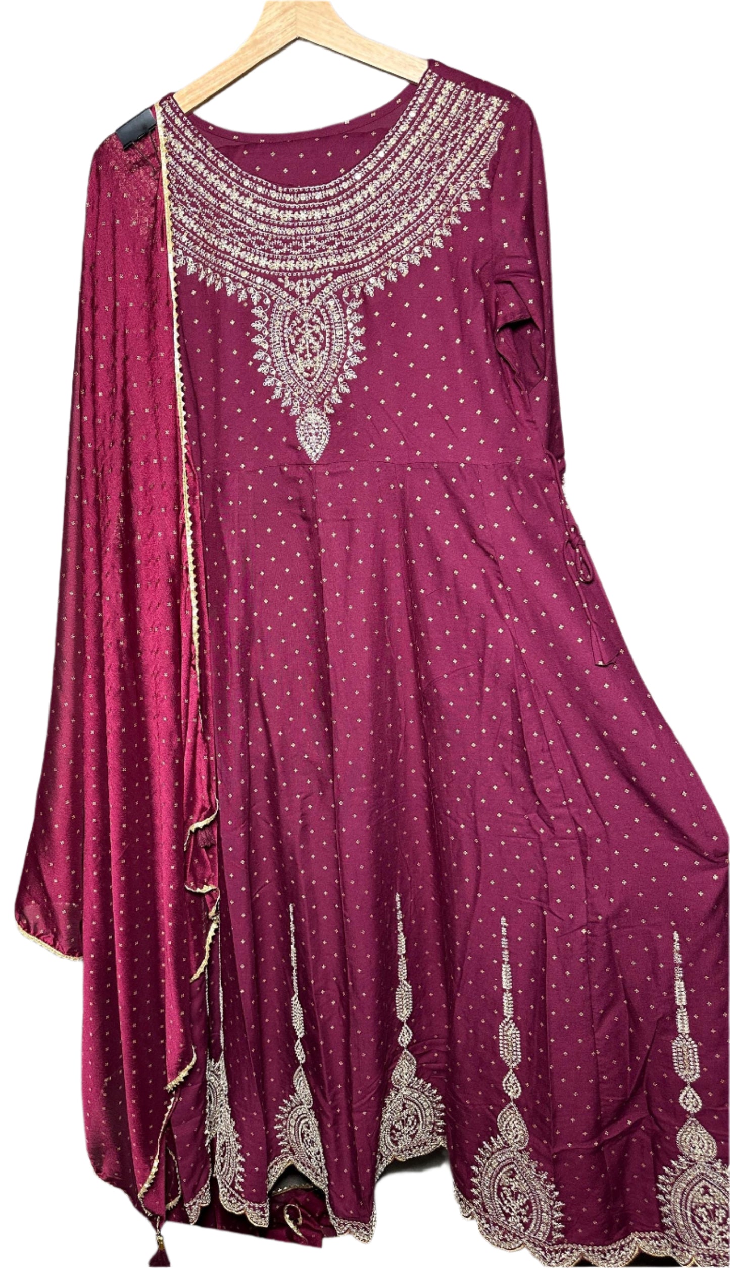 Party Wear Maroon Anarkali Suit with Jhari Sequin Work Elegant Lace Tassel Dupatta