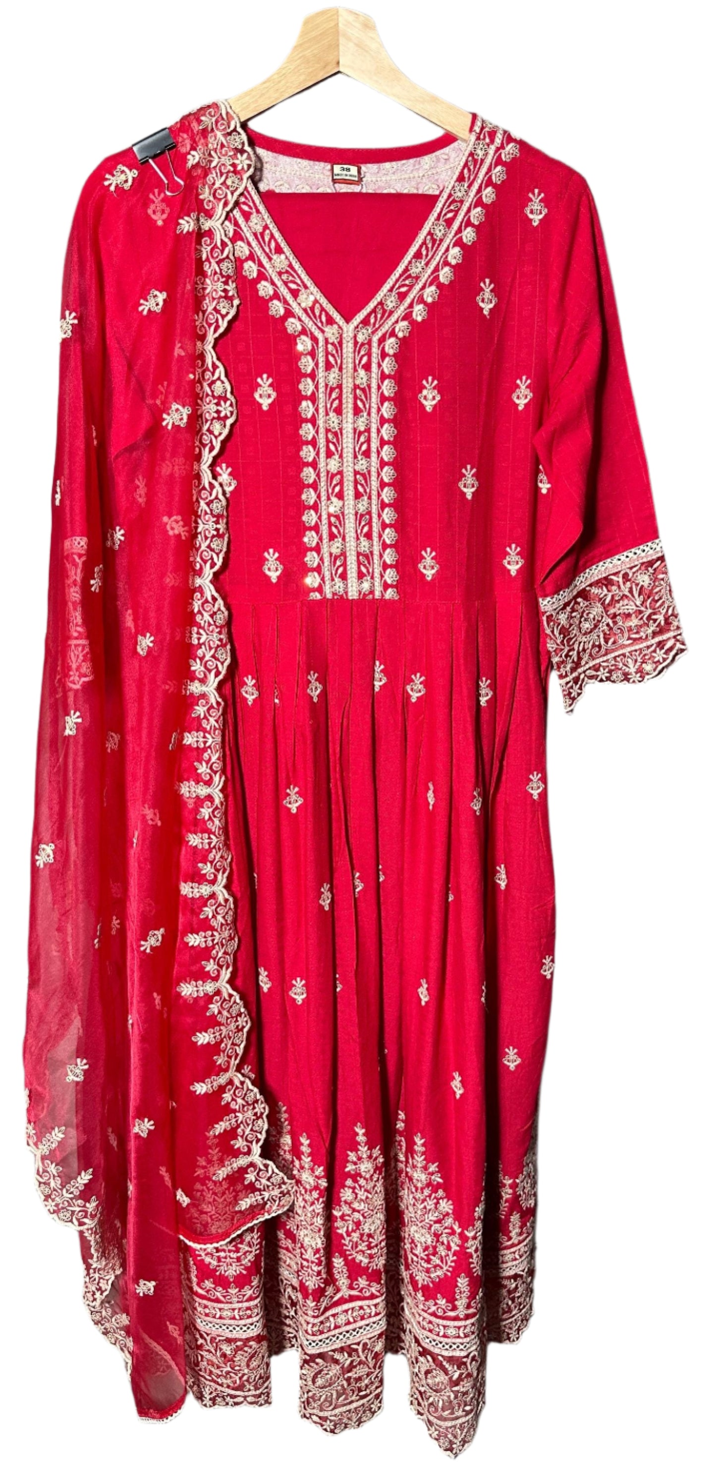 Elegant Red Anarkali Suit with Designer Pants Weaved Organza Dupatta – Embroidered with Sequin Work