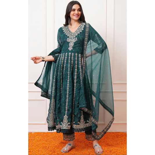 Ocean Grace – Sea Blue Green Organza Anarkali Suit with Embroidery