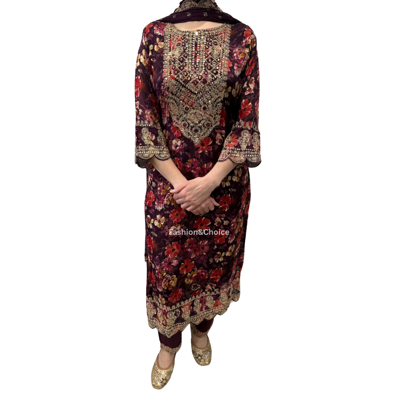 Wine Blossom – Floral Suit with Embroidery and Dupatta