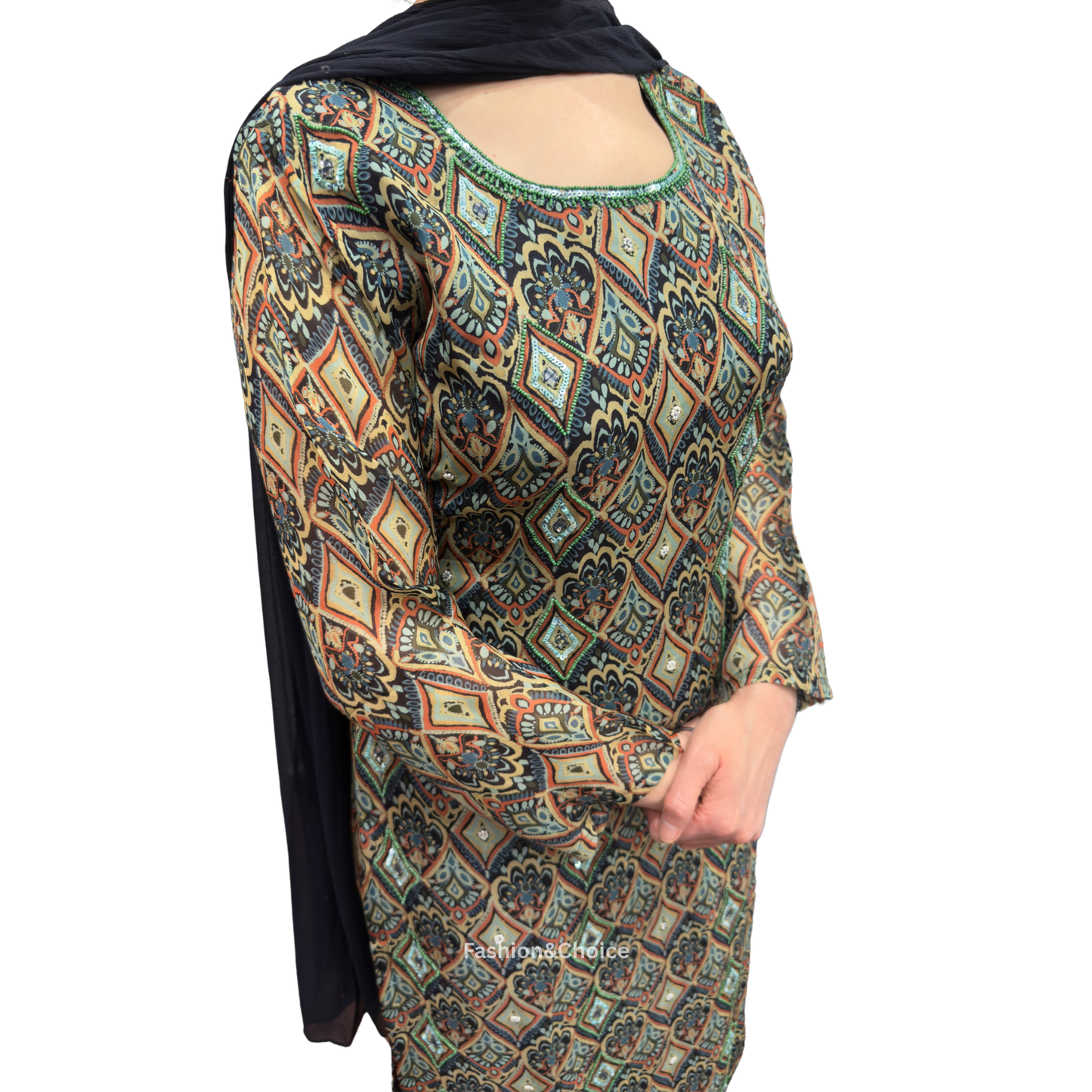 Midnight Sparkle – Black Suit with Sequins, Pearls & Mirror Work