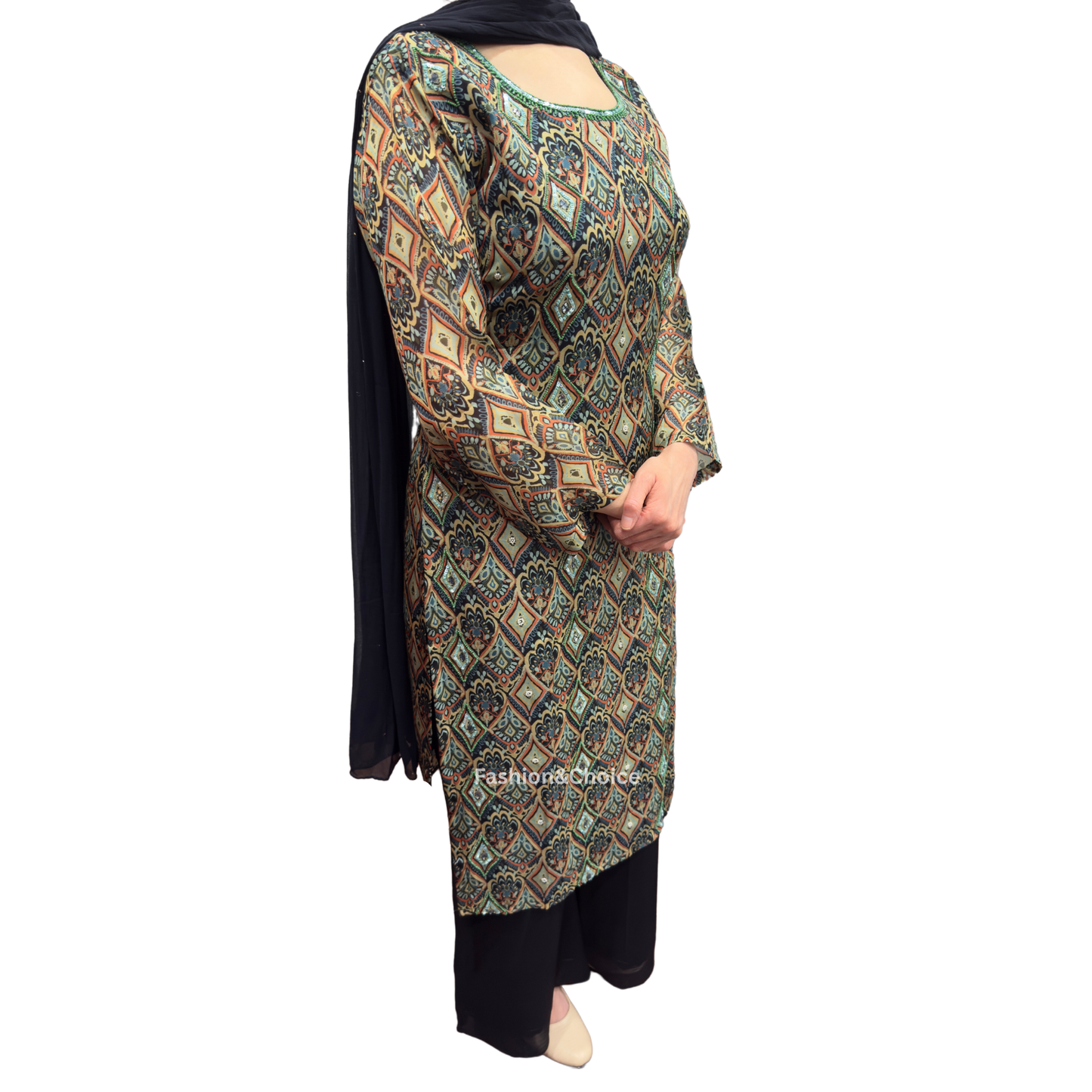 Midnight Sparkle – Black Suit with Sequins, Pearls & Mirror Work