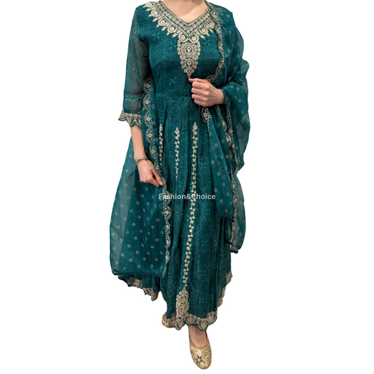 Mint Muse – Sea Green Organza Anarkali Suit with Embroidered Dupatta