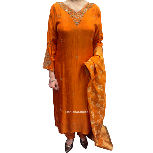 Rustic Radiance – Burnt Orange Dola Silk Suit with Banarasi Dupatta