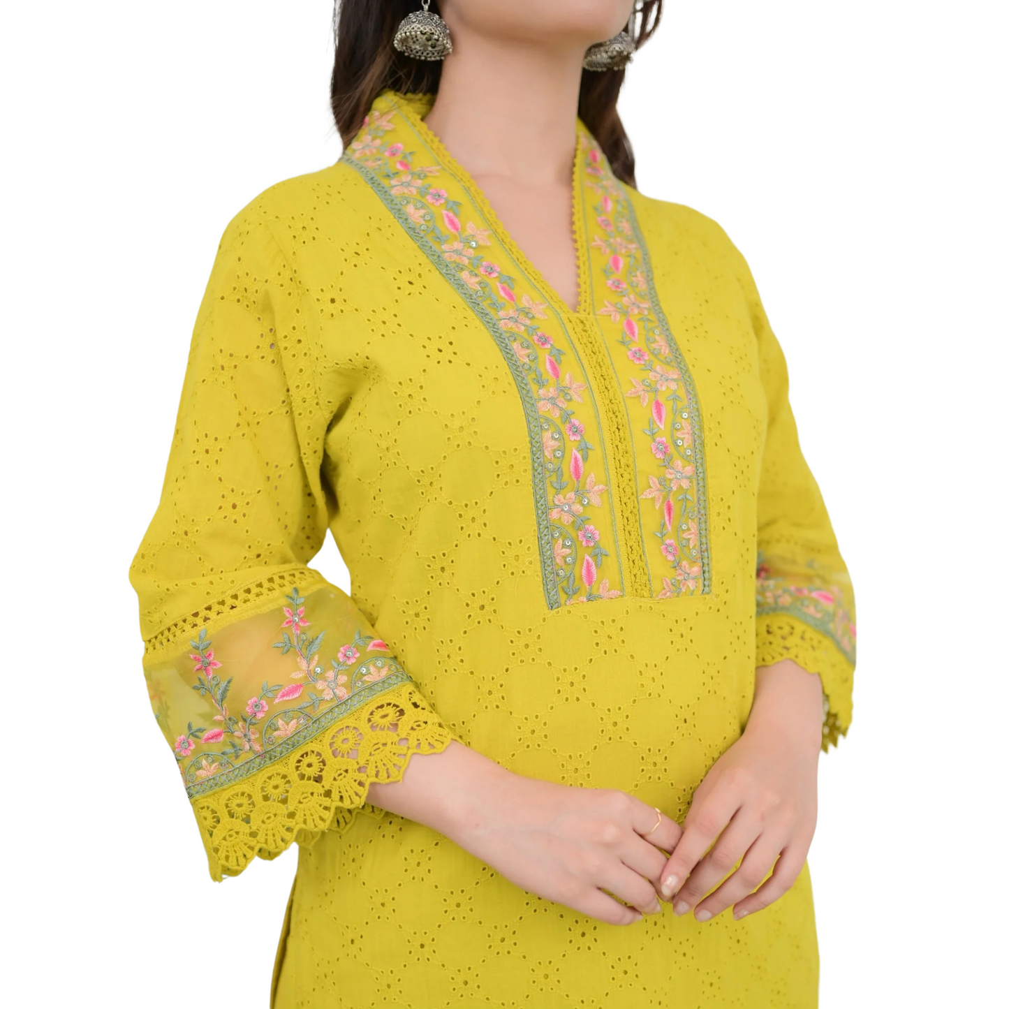 Golden Grace – Mustard Schiffli Embroidered Pakistani Suit with Designer Pants