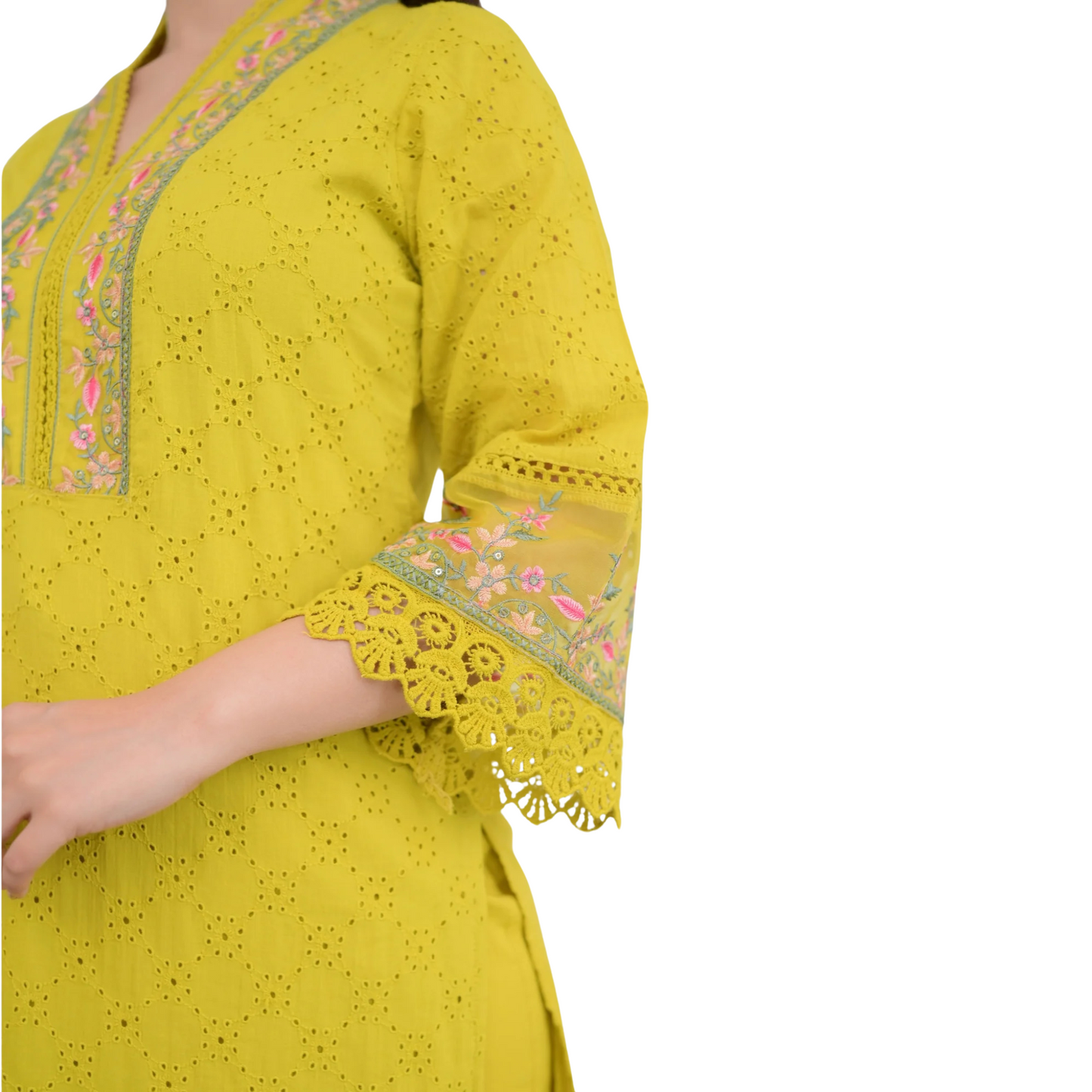 Golden Grace – Mustard Schiffli Embroidered Pakistani Suit with Designer Pants