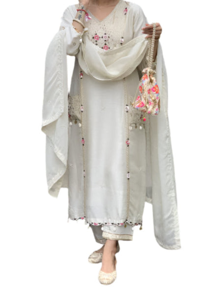 Ivory Luxe – Boutique Style Dola Silk Suit with Shell & Pearl Detailing