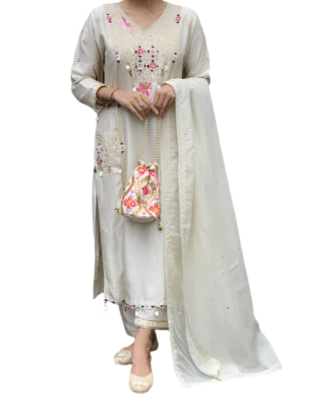 Ivory Luxe – Boutique Style Dola Silk Suit with Shell & Pearl Detailing