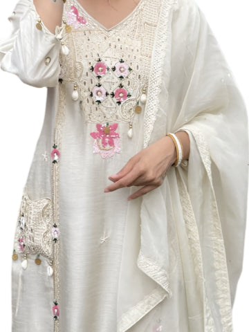 Ivory Luxe – Boutique Style Dola Silk Suit with Shell & Pearl Detailing