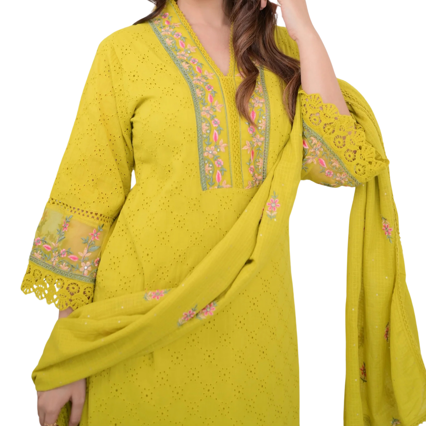 Golden Grace – Mustard Schiffli Embroidered Pakistani Suit with Designer Pants