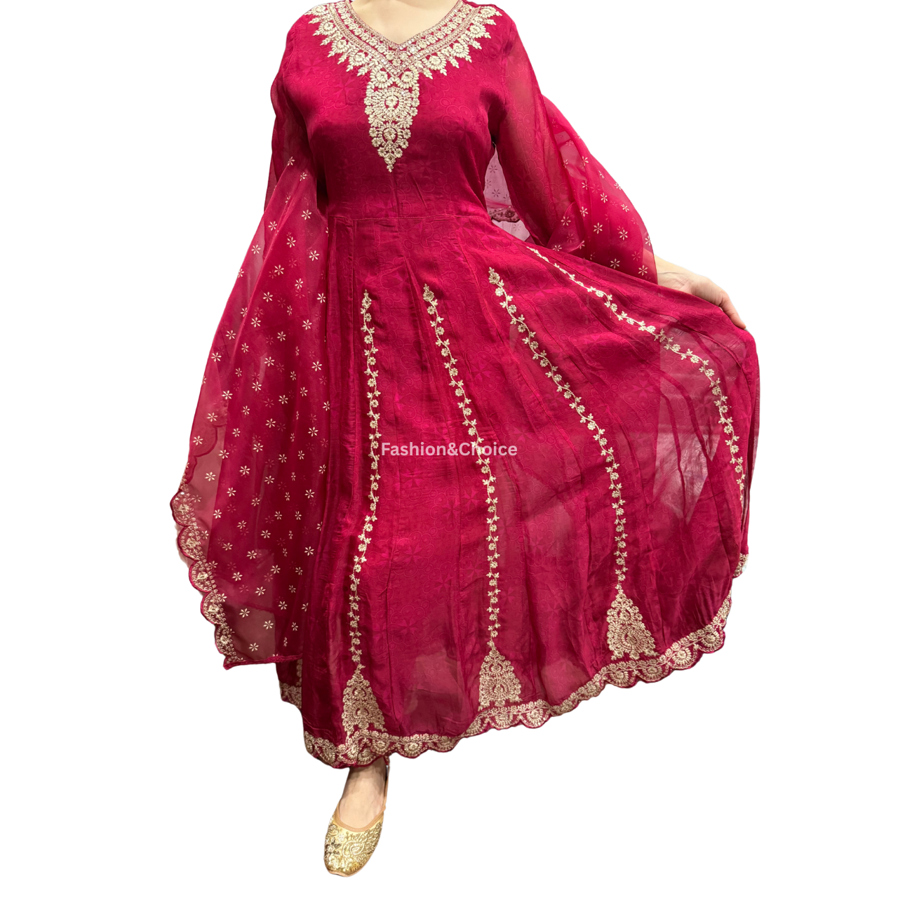 Timeless Elegance – Embroidered Anarkali Suit with Organza Dupatta