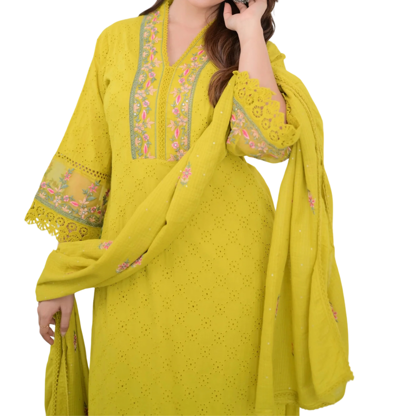 Golden Grace – Mustard Schiffli Embroidered Pakistani Suit with Designer Pants