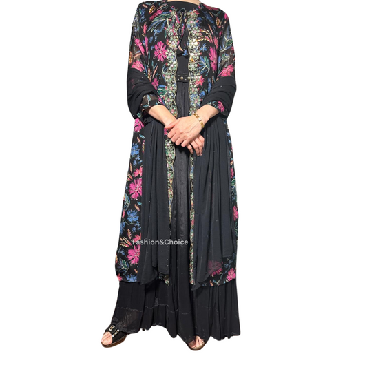Midnight Bloom – Black Chinon Gown Set with Embroidered Shrug and Belt