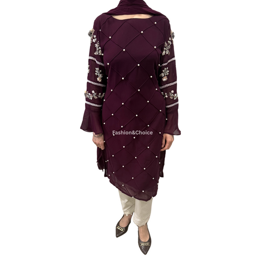 Wine Radiance – Georgette Suit with Hand Work and Designer Pants