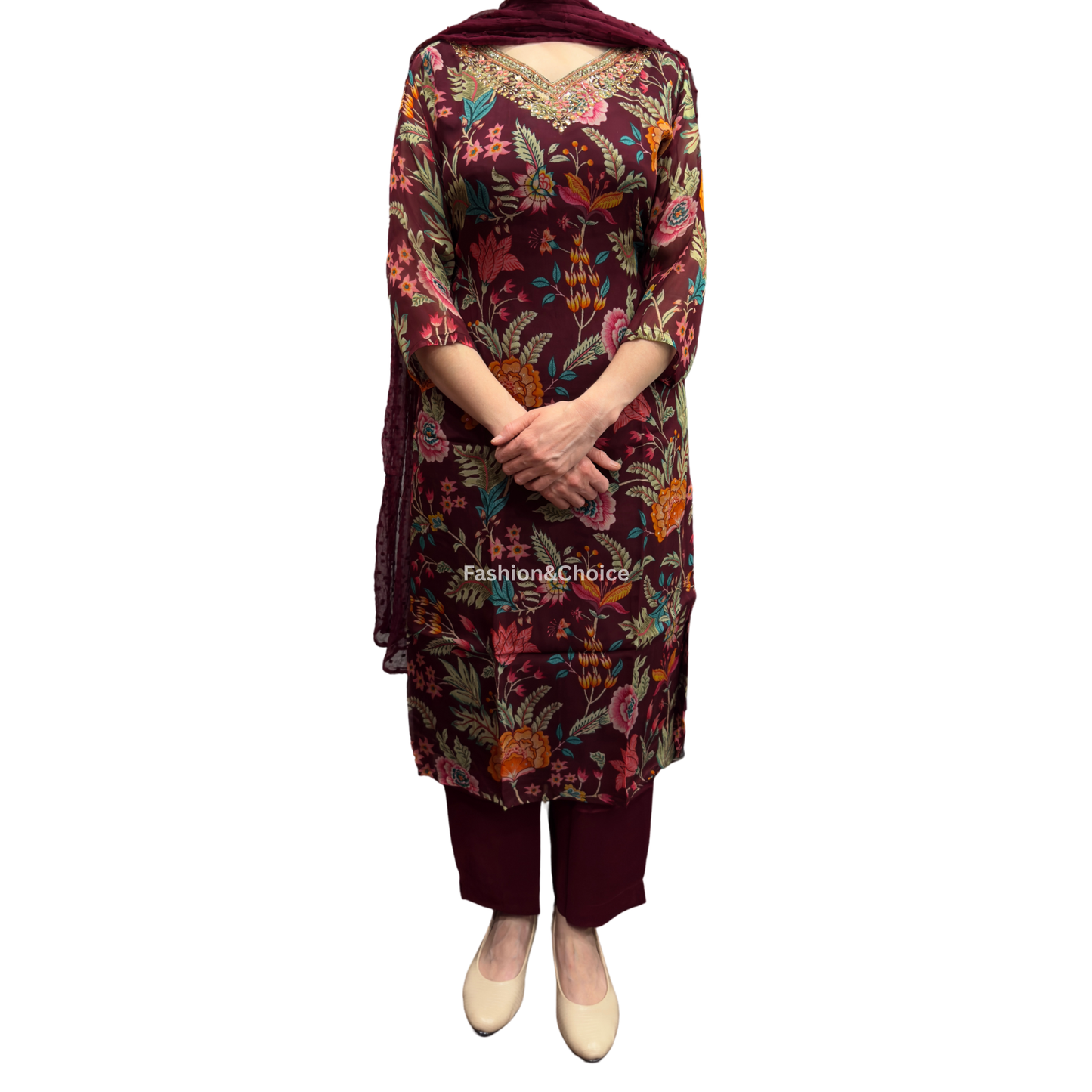 Maroon Bloom – Floral Organza Suit with Hand Embroidery and Chiffon Dupatta