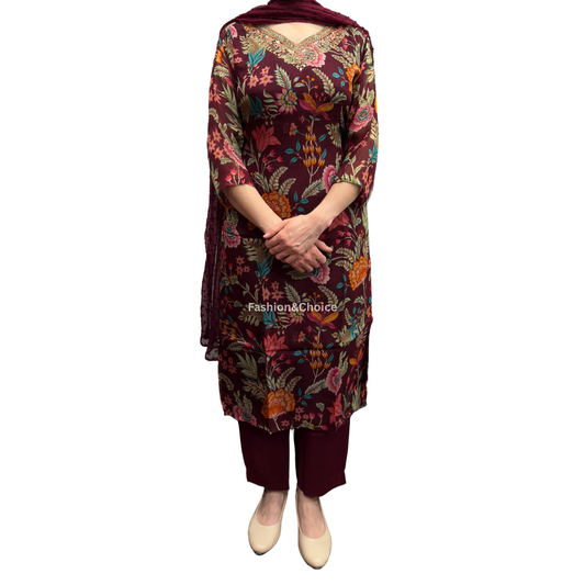 Maroon Bloom – Floral Organza Suit with Hand Embroidery and Chiffon Dupatta