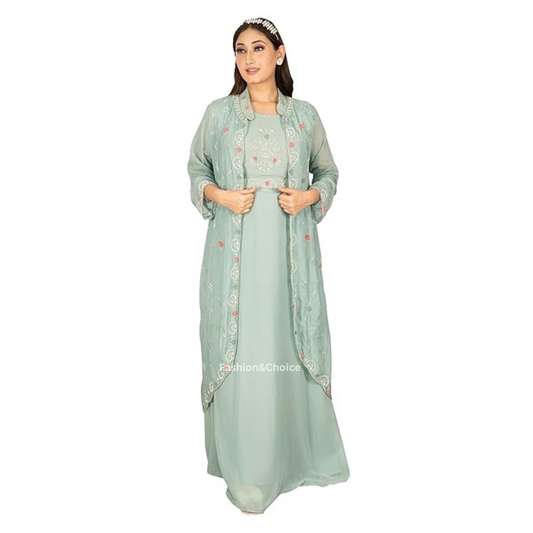 Grace in Layers – Stylish Gown Set with Hand Embroidered Shrug and Belt