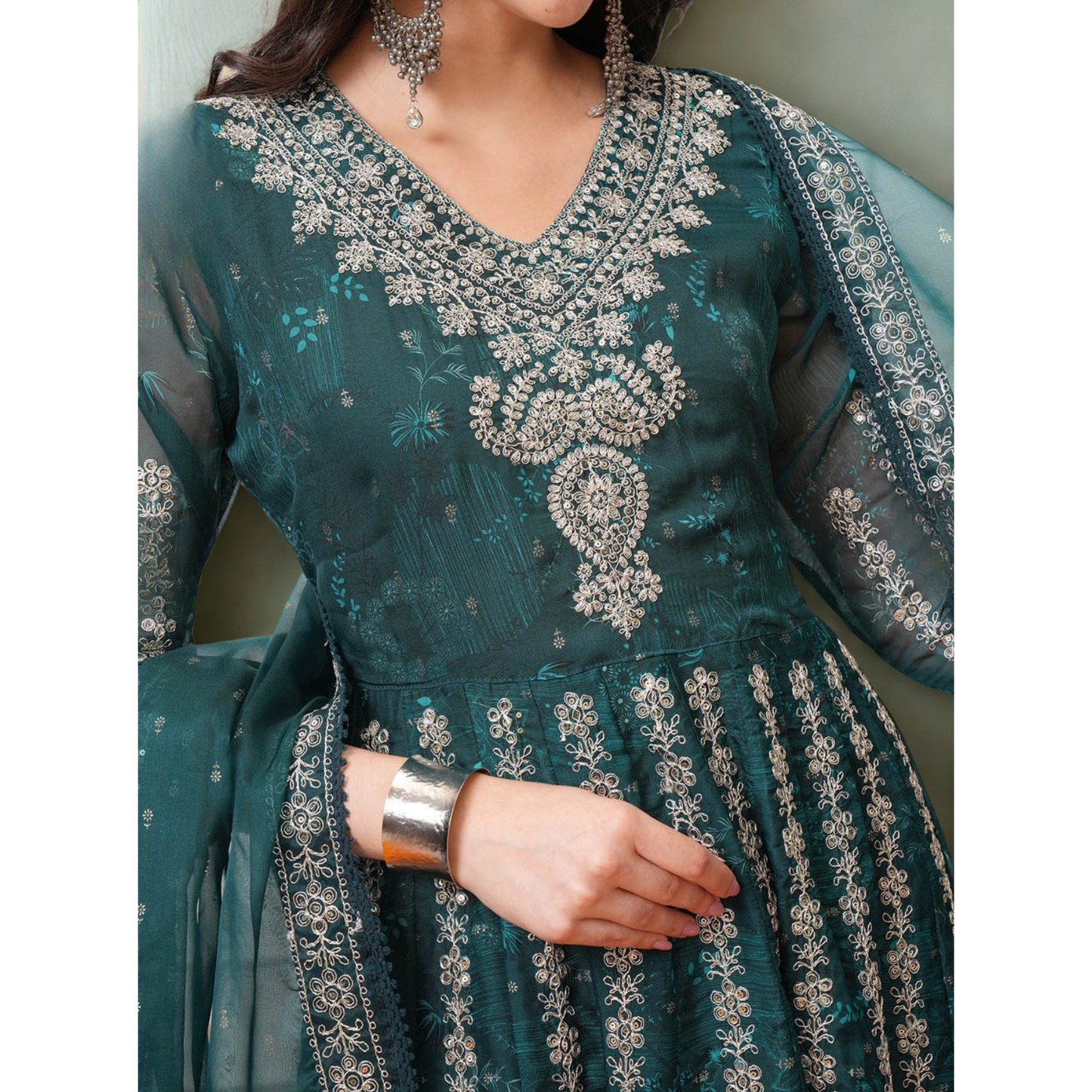 Ocean Grace – Sea Blue Green Organza Anarkali Suit with Embroidery