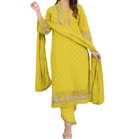 Golden Grace – Mustard Schiffli Embroidered Pakistani Suit with Designer Pants