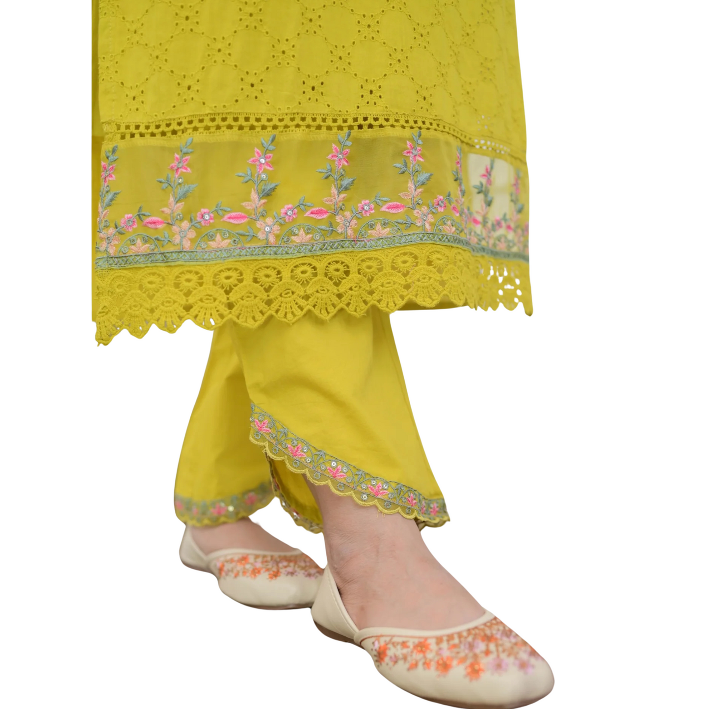 Golden Grace – Mustard Schiffli Embroidered Pakistani Suit with Designer Pants
