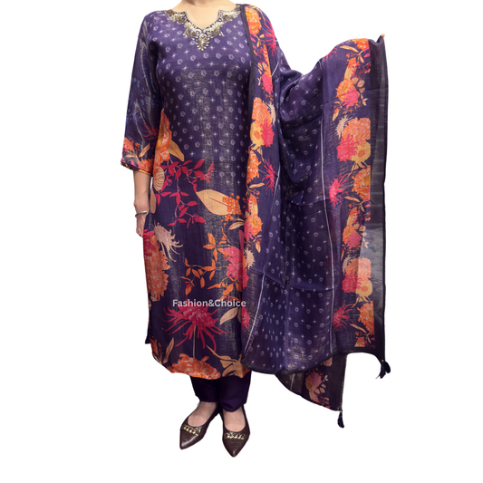 Twilight Bloom – Dark Purple Tissue Shimmer Suit with Embroidered Neckline