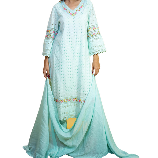 Sky Serenity – Light Blue Schiffli Suit with Embroidered Muslin Dupatta