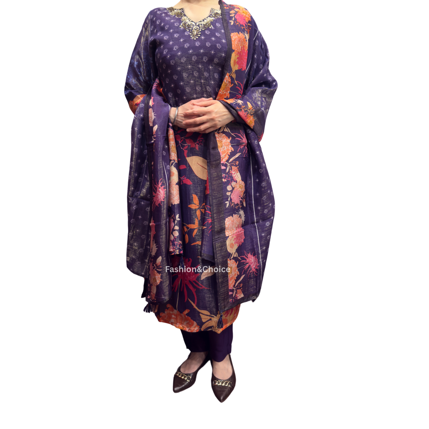 Twilight Bloom – Dark Purple Tissue Shimmer Suit with Embroidered Neckline
