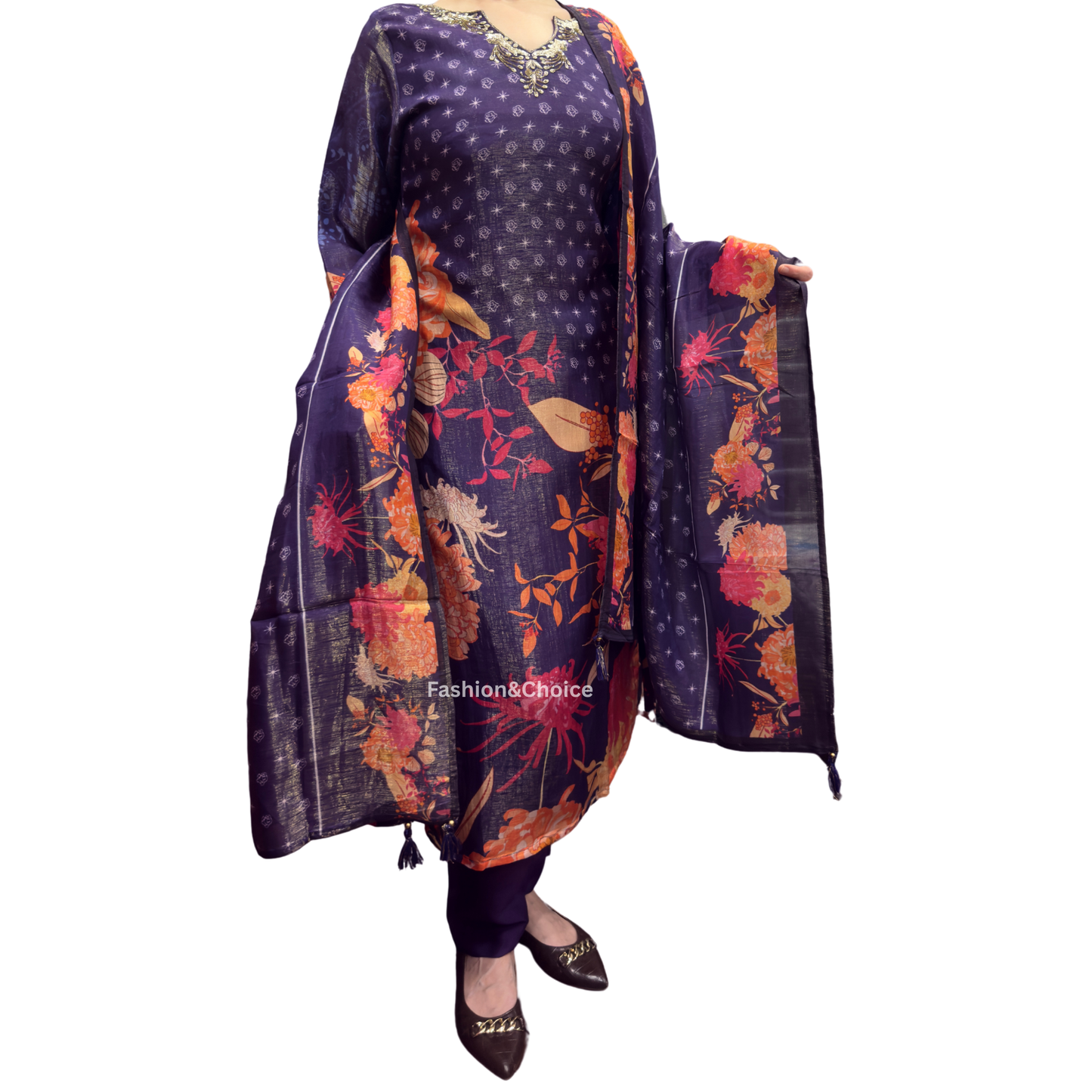 Twilight Bloom – Dark Purple Tissue Shimmer Suit with Embroidered Neckline
