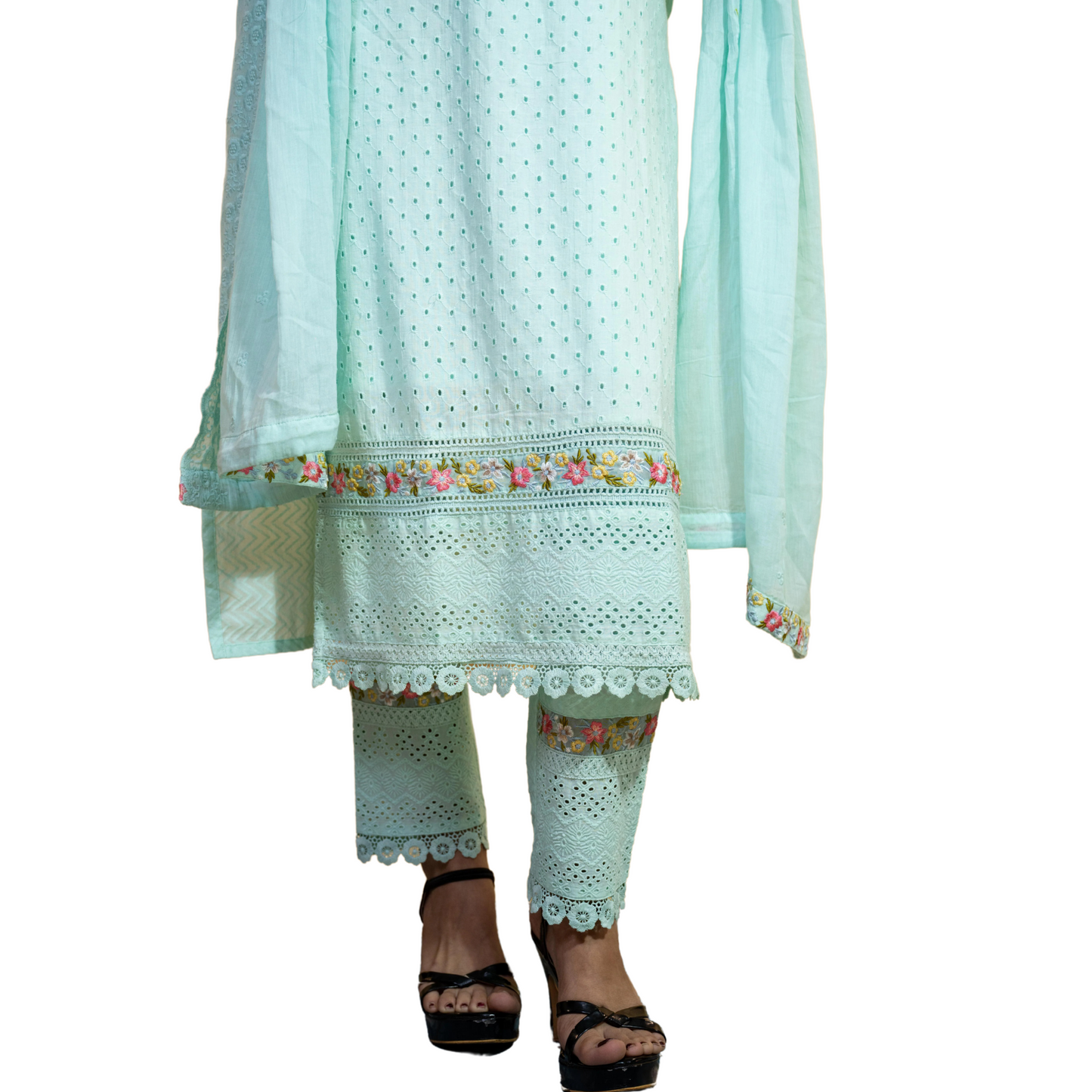 Sky Serenity – Light Blue Schiffli Suit with Embroidered Muslin Dupatta