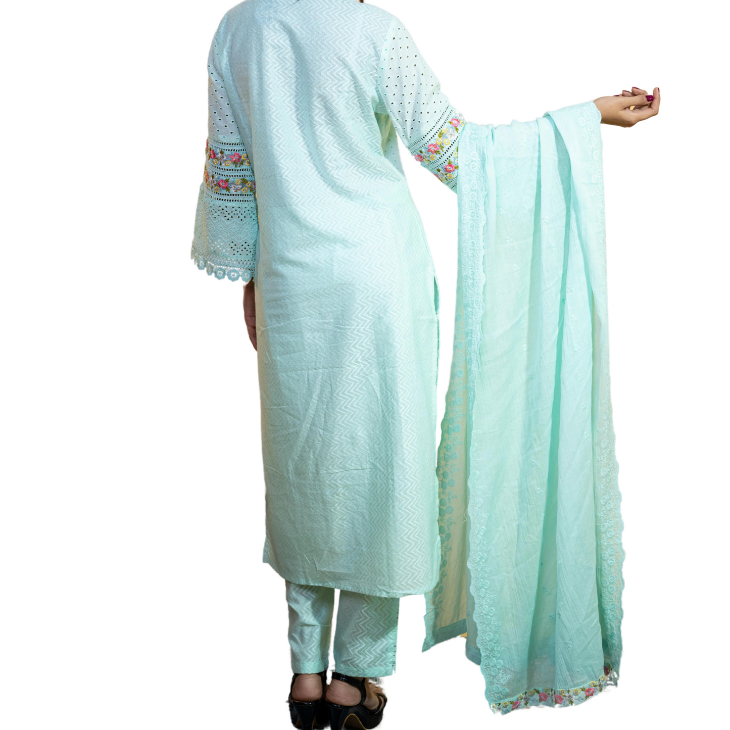 Sky Serenity – Light Blue Schiffli Suit with Embroidered Muslin Dupatta