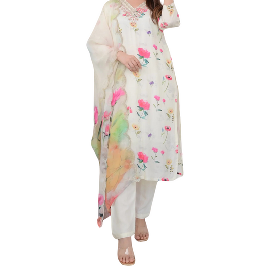 Ivory Bloom – Floral Muslin Suit with Mirror Work and Digital Print Dupatta
