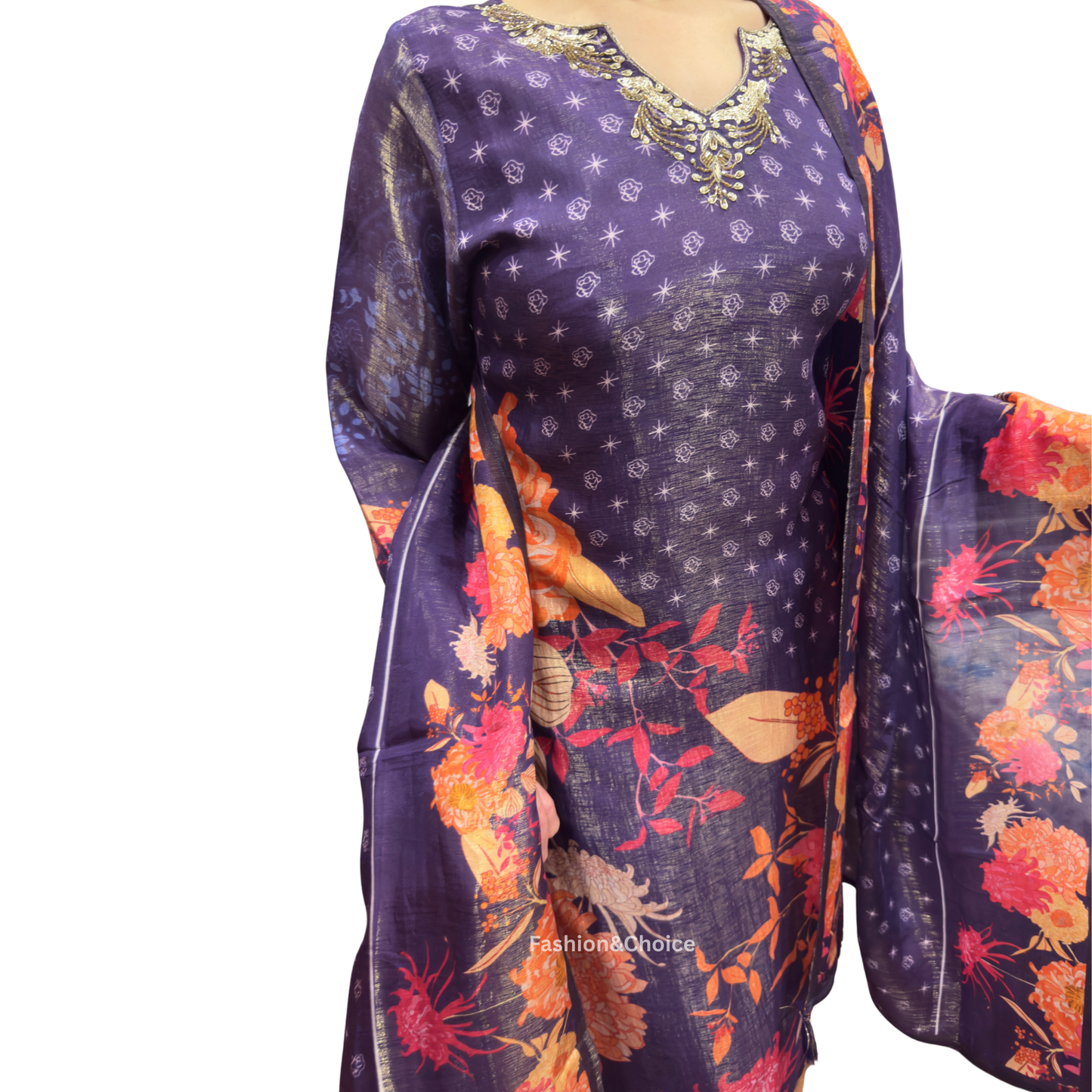 Twilight Bloom – Dark Purple Tissue Shimmer Suit with Embroidered Neckline