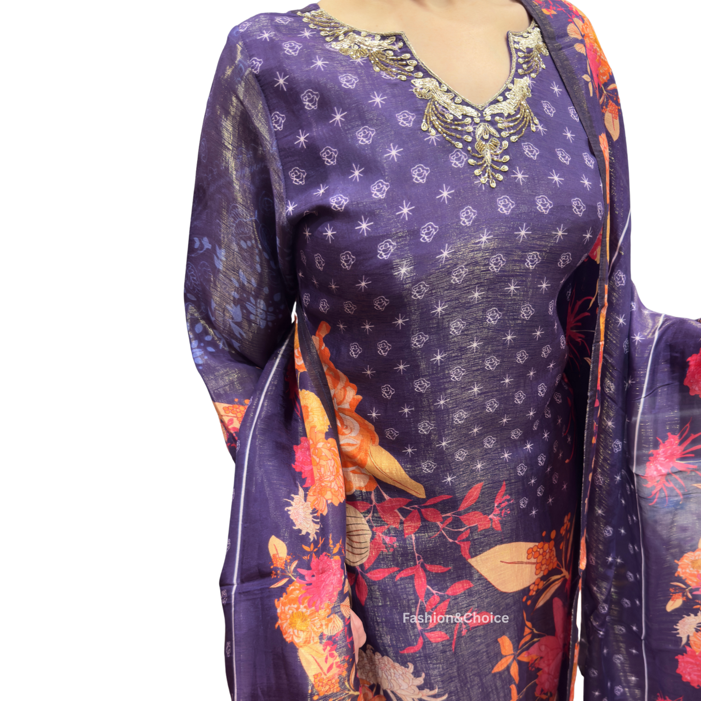 Twilight Bloom – Dark Purple Tissue Shimmer Suit with Embroidered Neckline