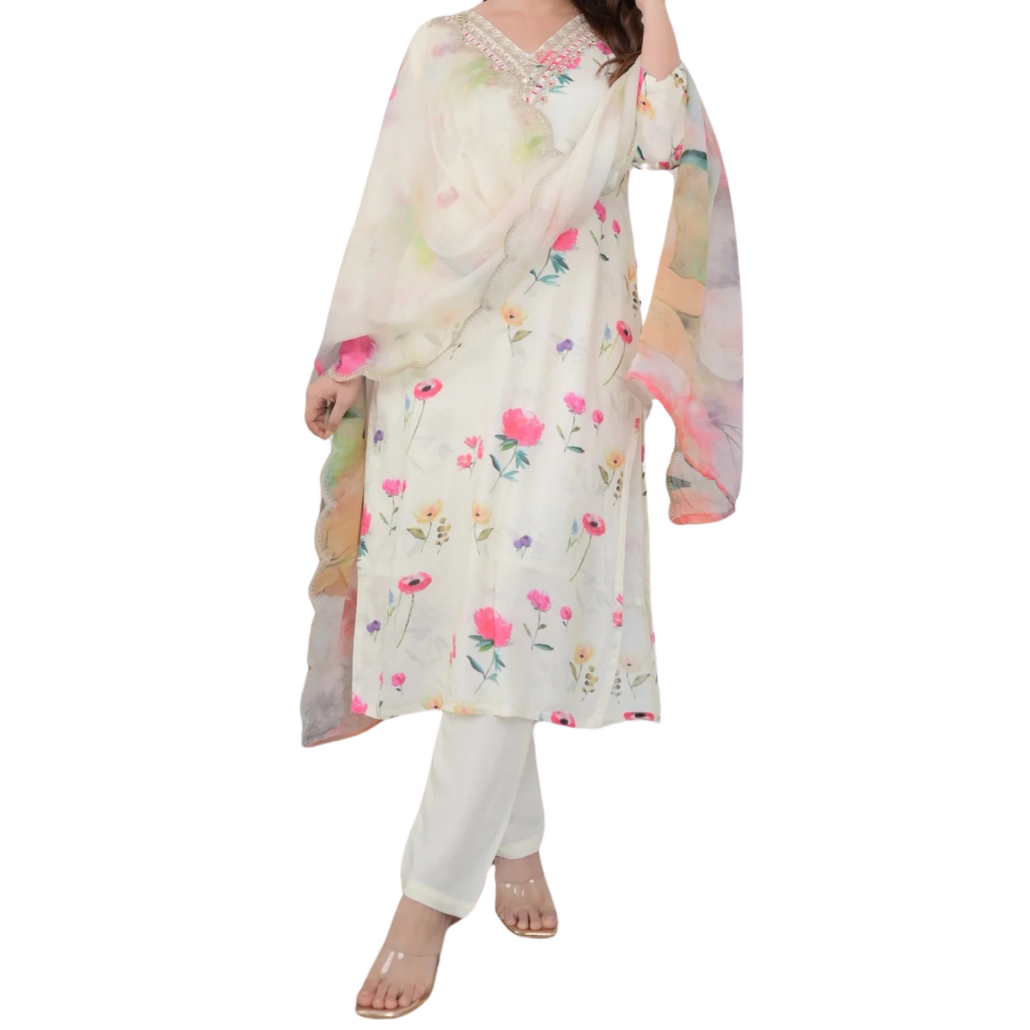 Ivory Bloom – Floral Muslin Suit with Mirror Work and Digital Print Dupatta