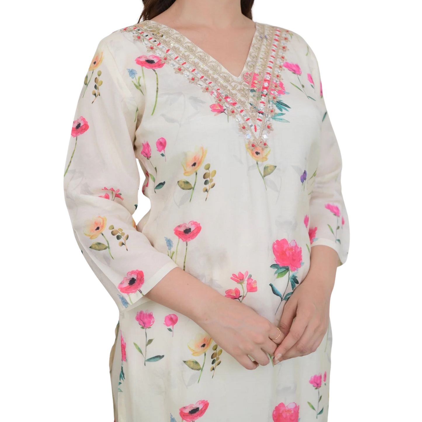 Ivory Bloom – Floral Muslin Suit with Mirror Work and Digital Print Dupatta